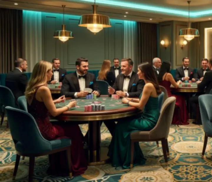 Exkluzív társasági est elegáns casino hangulattal és finom arany részletekkel berendezett térben.