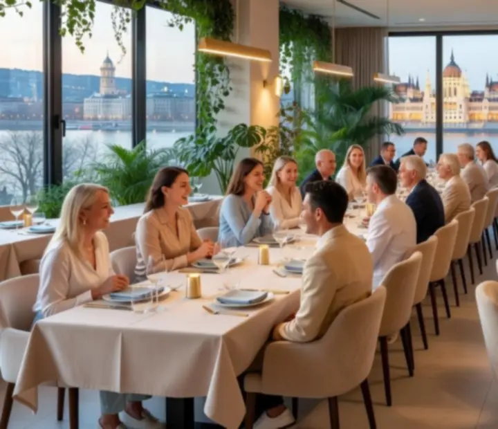 Modern magyar étterem exkluzív rendezvény hangulata elegáns megterített asztalokkal.