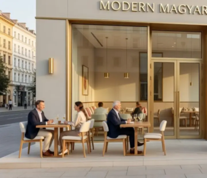 Budavento étterem modern budapesti külső nézete alkonyatkor